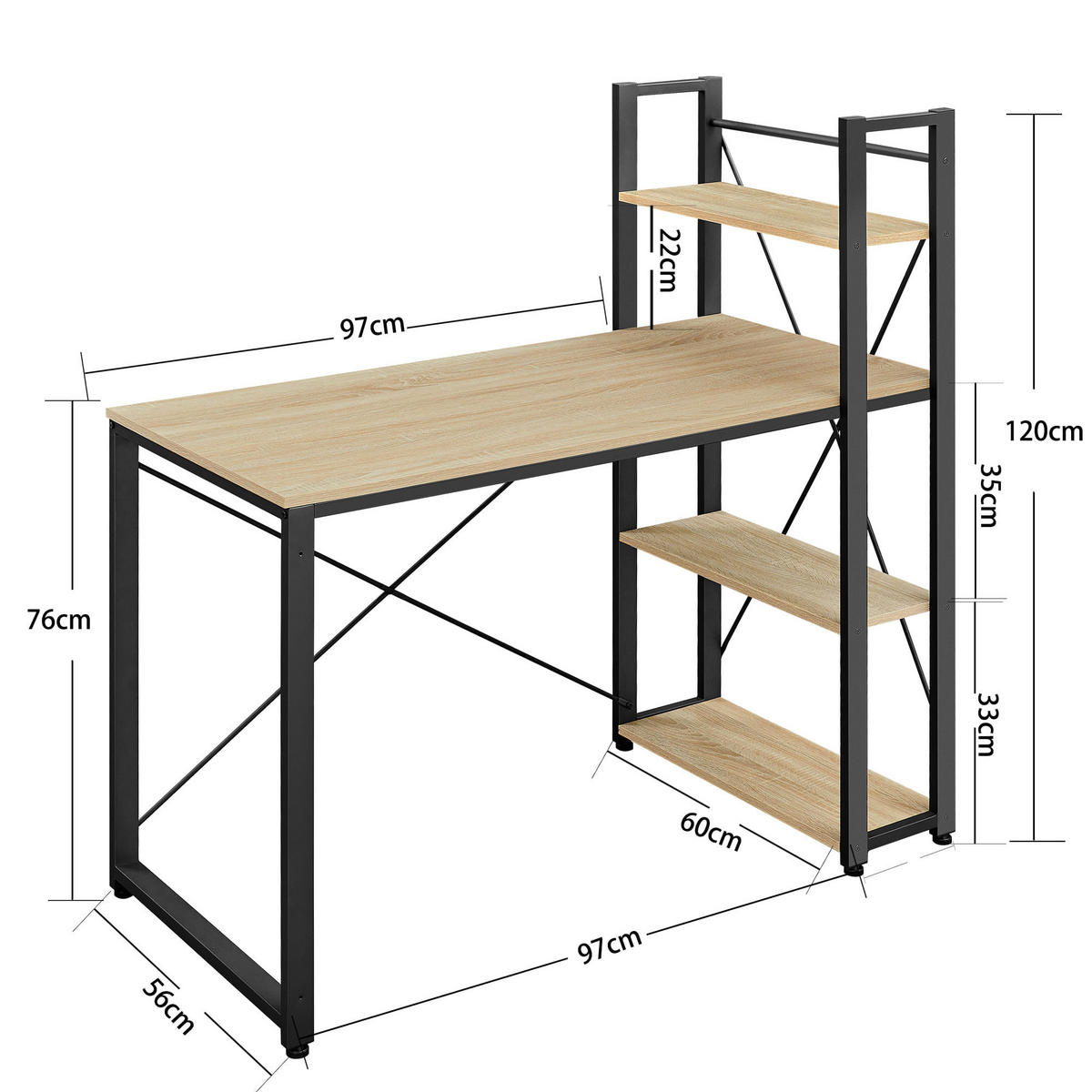 COMPUTER-SCHREIBTISCH mit regal, sonoma-eiche/schwarz - Sonoma Eiche, Holzwerkstoff (60/120/120cm) - A2A Home