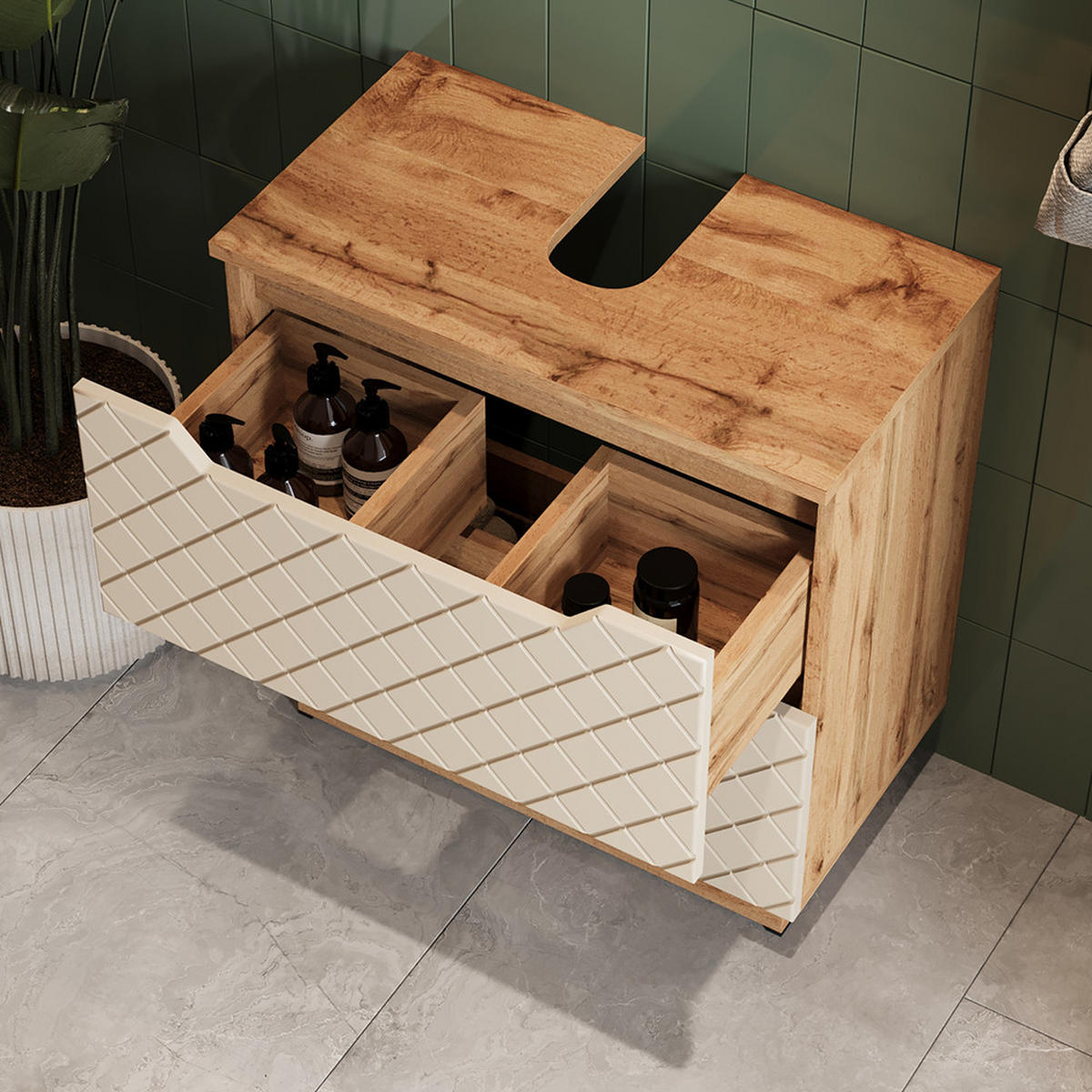 BADMÖBEL-SET Lotta Eiche/Grau mit Kachelstruktur 2 Teile - Kaschmir, Holzwerkstoff (59.8/62.5/32cm) - Vicco