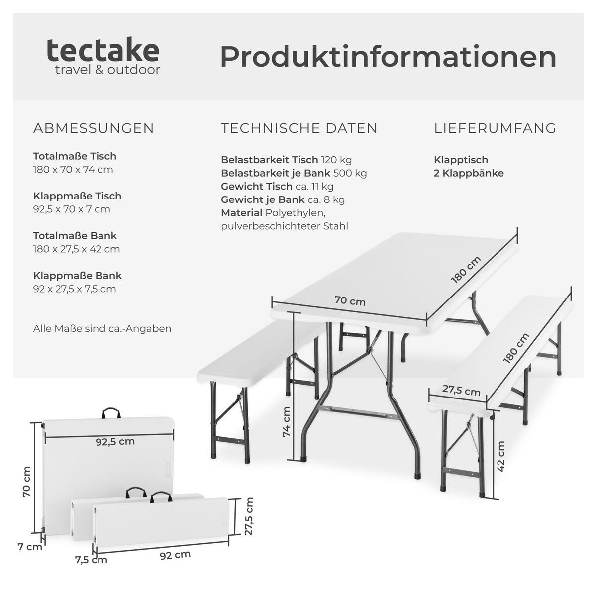 CAMPINGTISCHGARNITUR Panja, gummierte Tragegriffe, weiß - Weiß, Kunststoff (70/180/74cm) - tectake