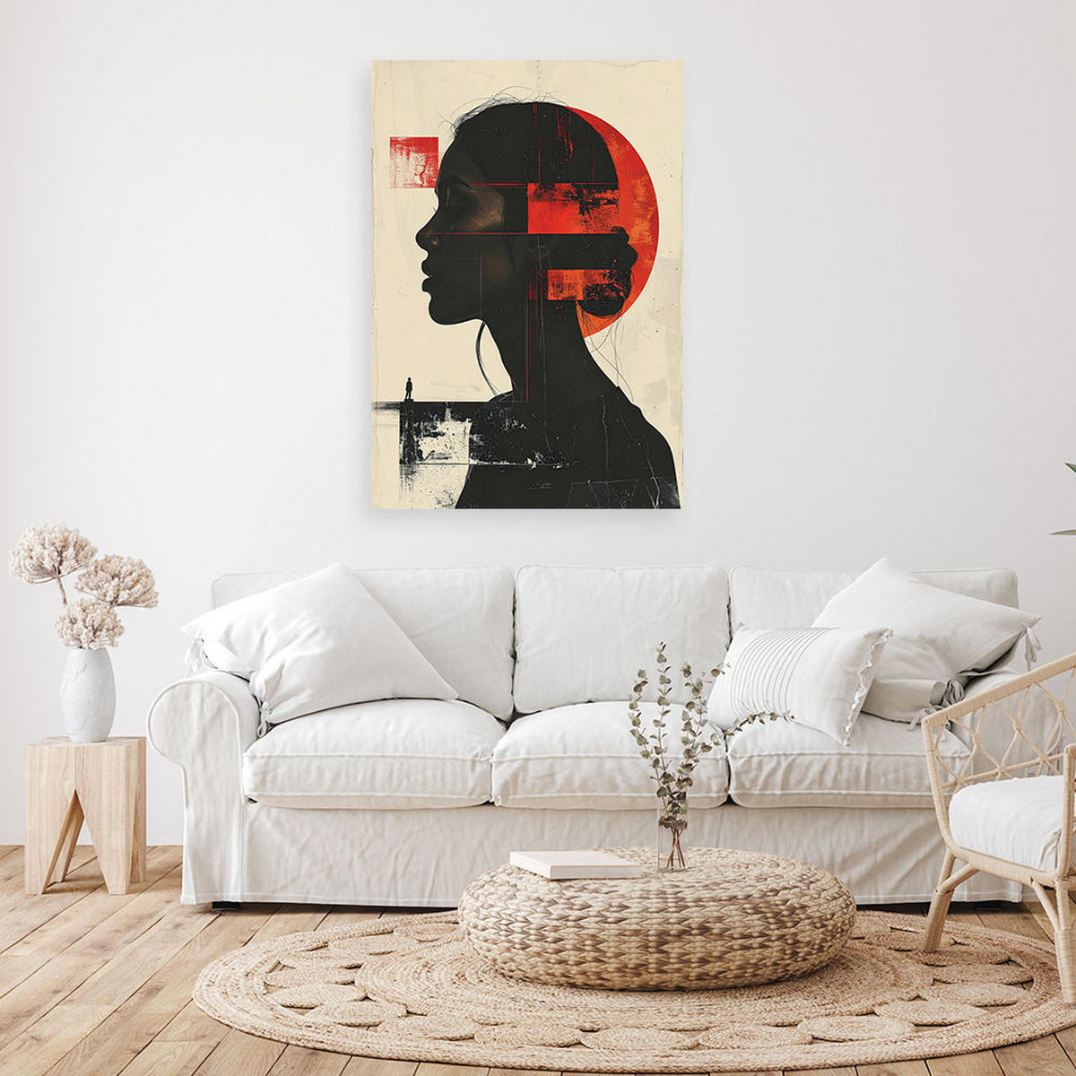 LEINWANDBILD, Das Profil einer minimalistischen Frau mit einem roten geometrischen Akzent. - Rot, Textil (60/90cm) - Feeby