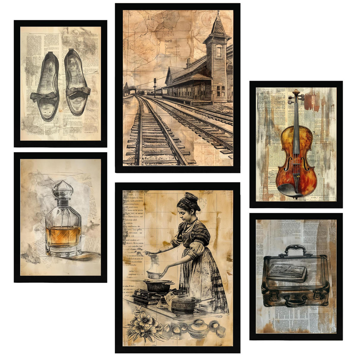 POSTER Set Mit 6 Vintage Frauen Lebensstil A3 & A4 Schwarzer Rahmen - Schwarz, Papier (29/3cm) - Nacnic