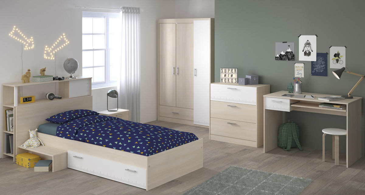 JUGENDZIMMER Set 6-tlg Kleiderschrank Schreibtisch Bett 90x200 - Silberfarben/Weiß, Holz/Holzwerkstoff (90/179/200cm) - Parisot Meuble