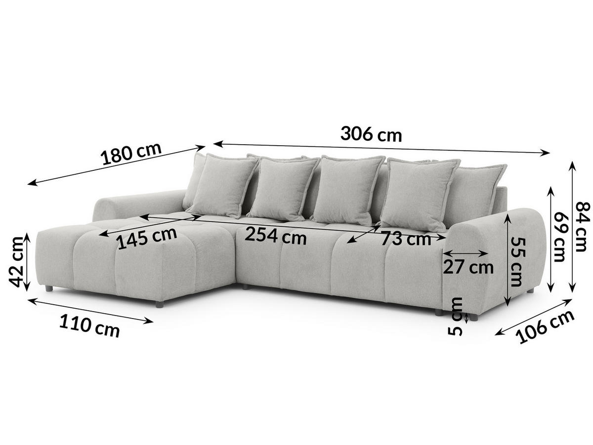 ECKSOFA inkl. Hocker Bubble mit Schlaffunktion und losen Rückenkissen, Sitzfläche in Bubble-Optik aus weichem Hellgrau Strukturstoff - Ottomane Links - Hellgrau/Schwarz, Holz/Kunststoff (180/306cm) - S-Style Möbel