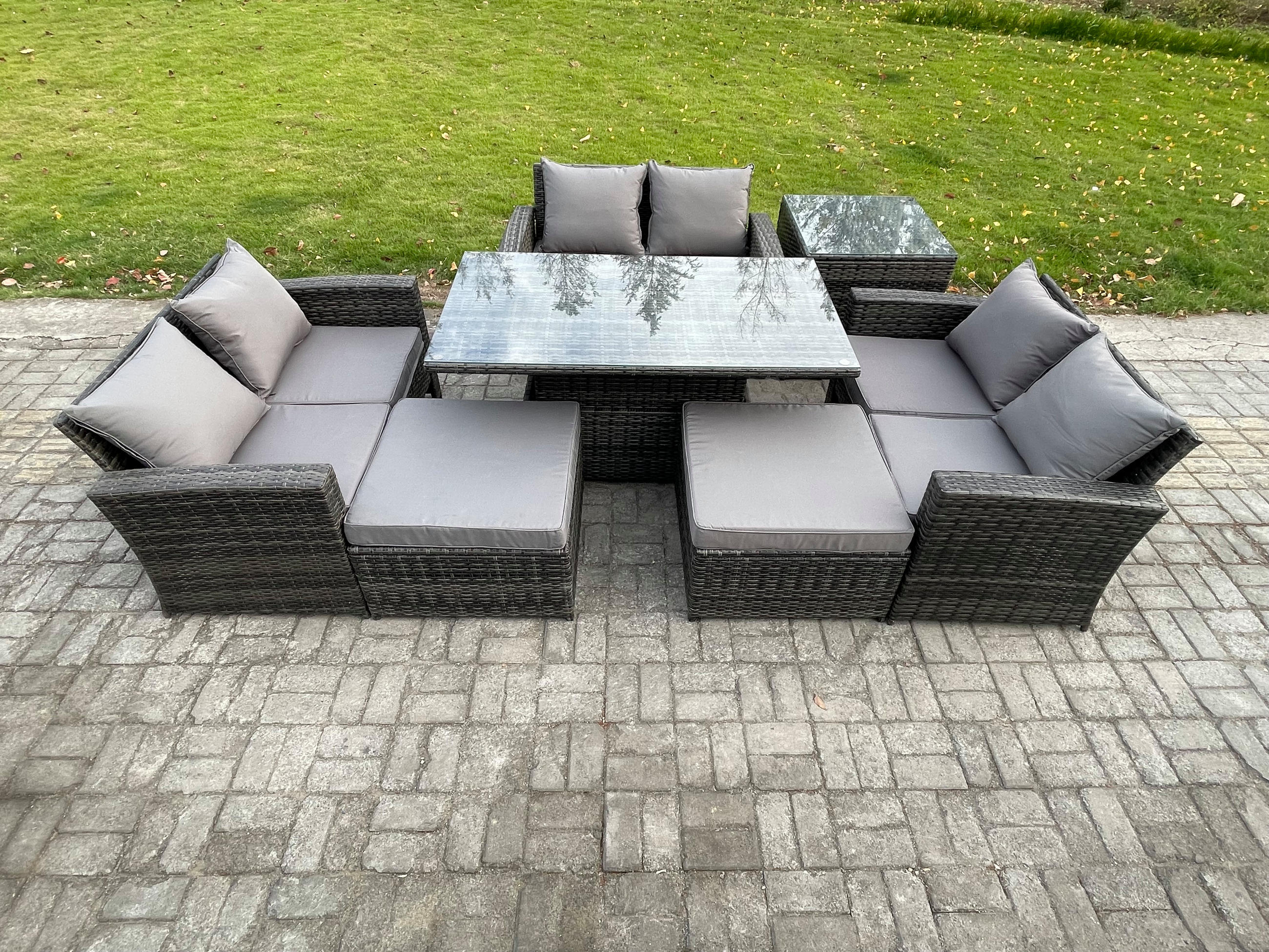 GARTENMÖBEL-SET HÖHENVERSTELLBARER ESSTISCH MIT DOPPELSITZ-SOFA 2 HOCKER BEISTELLTISCH Polyrattan Dunkelgrau Gemischt 8-Sitzer - Dunkelgrau, Metall - Fimous