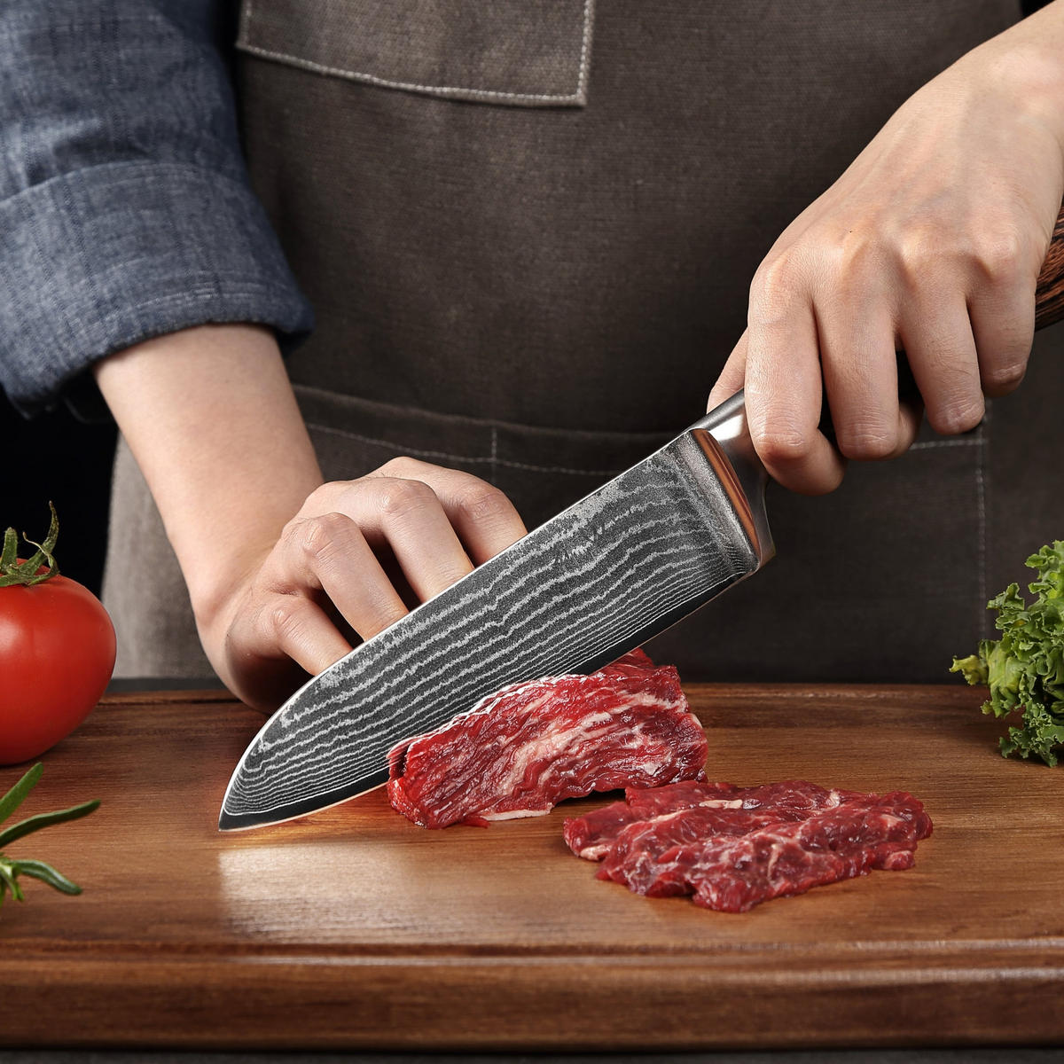 SANTOKU Damastmesser I EDIB - Braun, Holz/Metall (30cm) - Wakoli