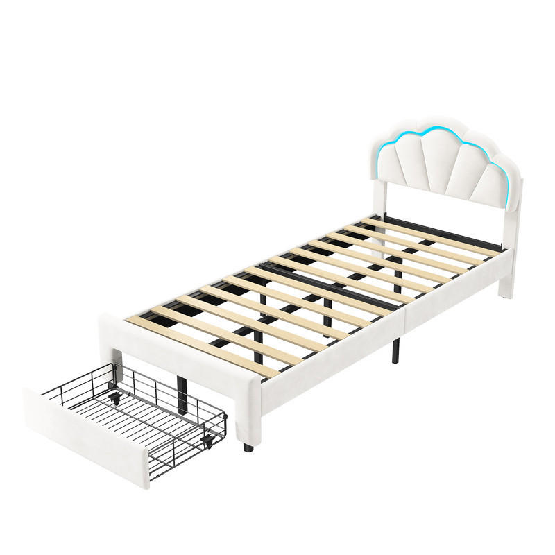 KINDERBETT 90x200cm, Samt, Weiß, Mädchenbett, mit LED-Lichtleiste und Schubladen, Blütenförmiges, ohne Matratze - Weiß, Holz (90/200cm) - WoodenAura