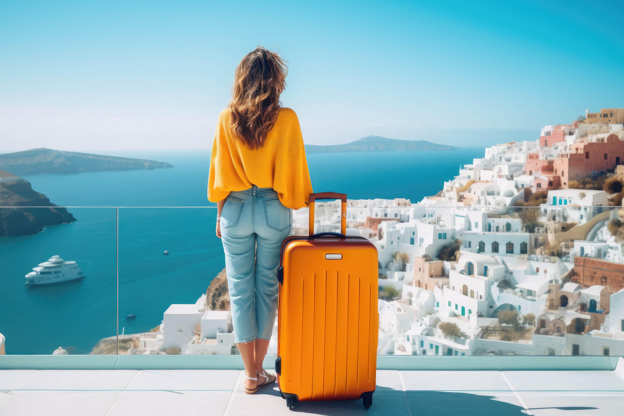 Frau mit orangefarbenem Koffer auf Balkon mit Blick auf das Meer und griechische Inseln, ideal für Reiseinspiration.