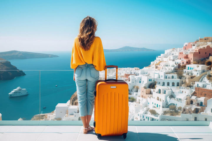 Frau mit orangefarbenem Koffer auf Balkon mit Blick auf das Meer und griechische Inseln, ideal für Reiseinspiration.