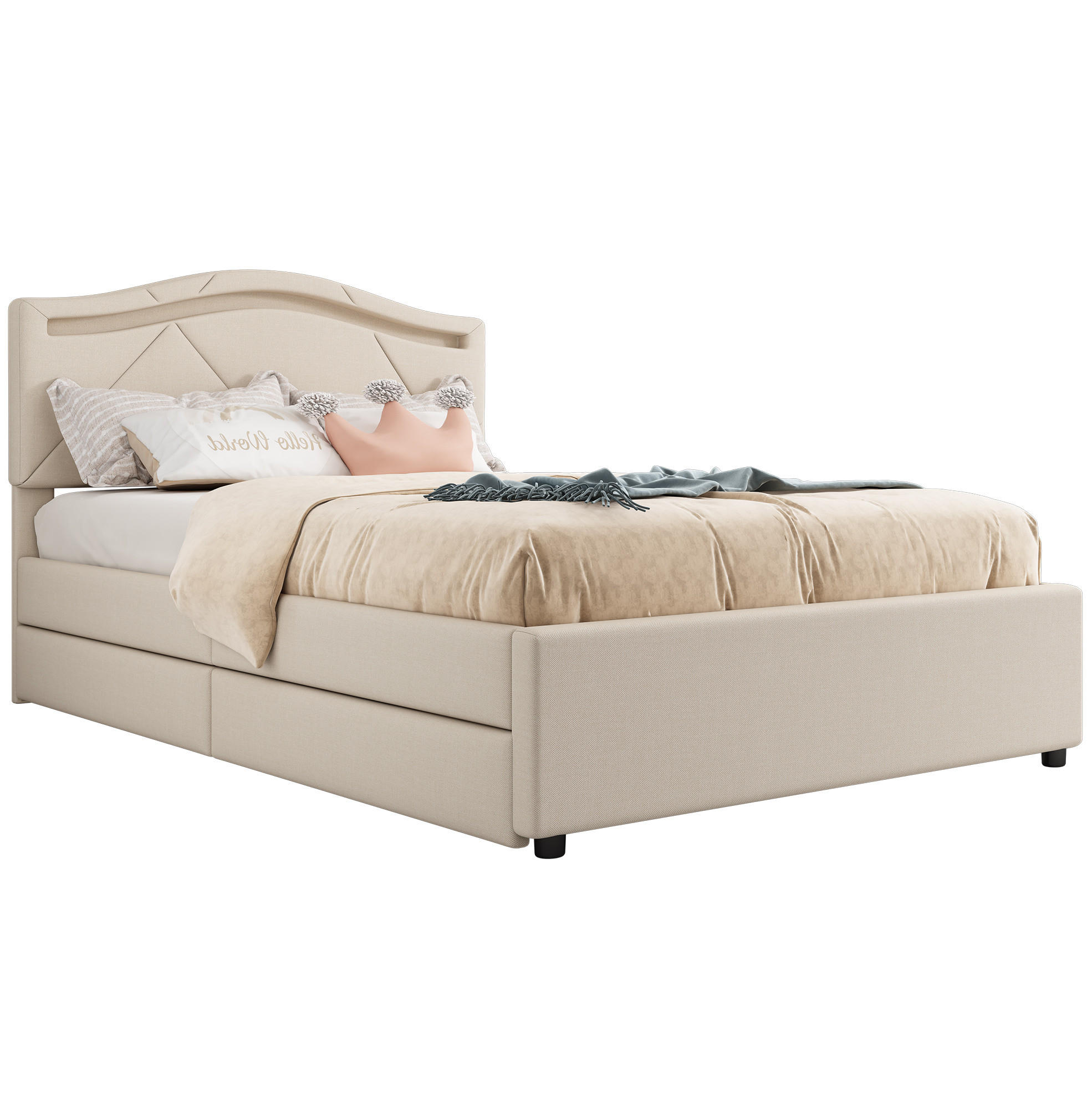 BETT mit Lattenrost, LED und 2 Schubladen 90x200 cm Beige - Beige, Metall (90/200cm) - Meubliv