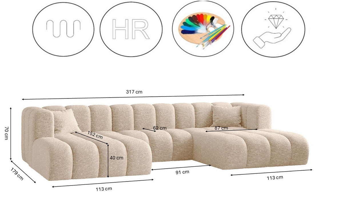 ECKSOFA U-form Grand modular stoff Haga Ecru - Ecru, Holz (317/179cm) - Kaiser Möbel