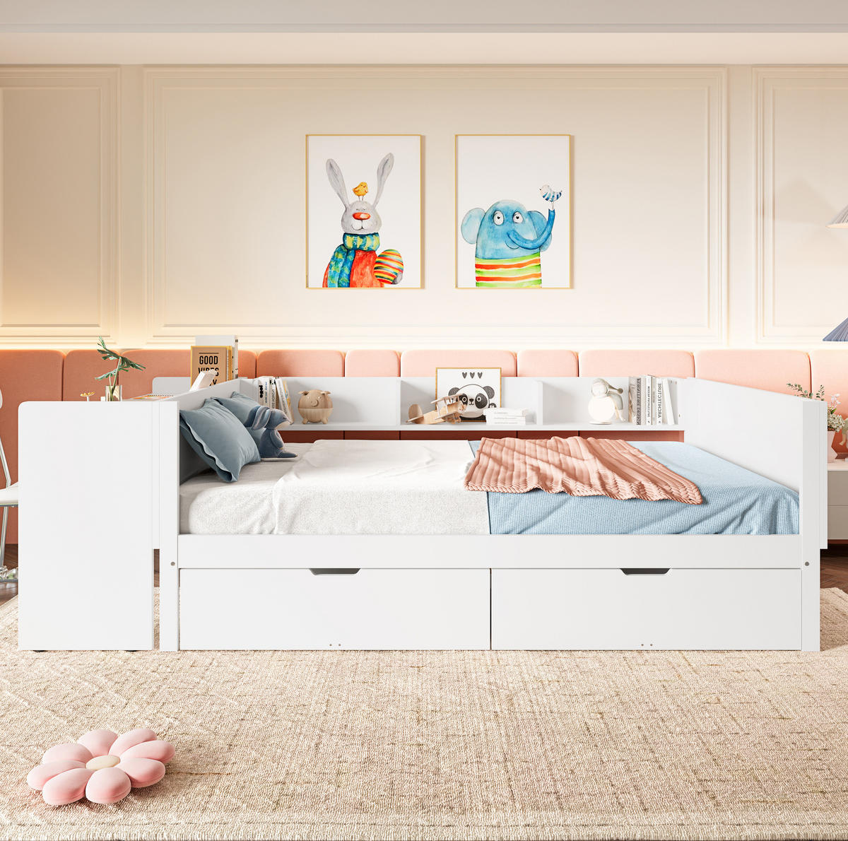 KINDERBETT Liegefläche 140/200 cm mit Schreibtisch, Regalen und 2 Schubladen - Weiß, Holz (140/200cm) - BEAOK