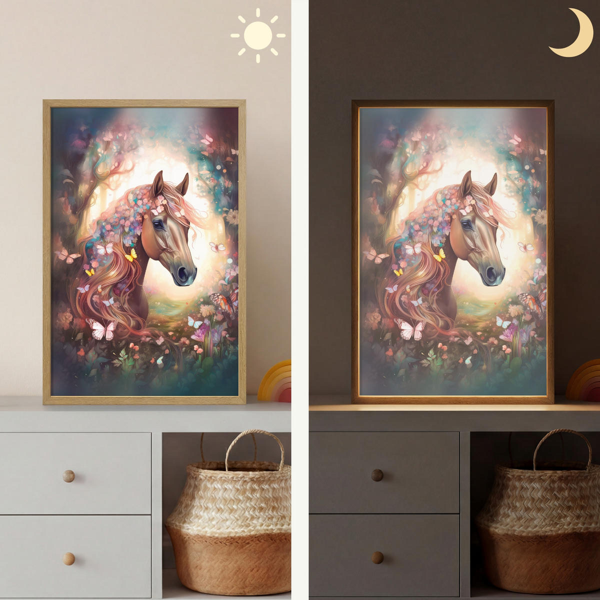 NÁSTĚNNÁ LAMPA S AKUMULÁTOREM Kůň - Příroda - Květiny - Motýli - Les 40x60 cm - tmavě hnědá, kompozitní dřevo (40/60/8cm) - OnlyWow
