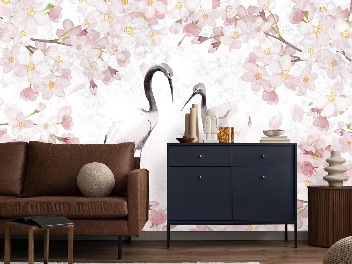 FOTOTAPETE Kraniche Kirschblüten Natur Aquarell 150x105 - Beige/Schwarz, Papier (150/105cm) - Muralo