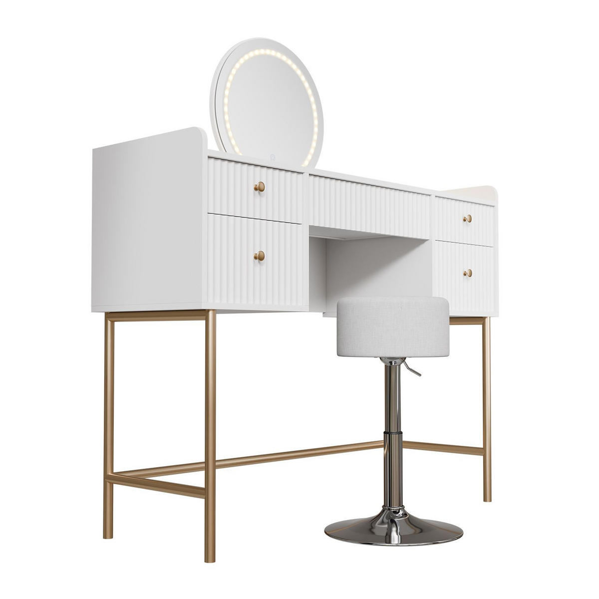 SCHMINKTISCH Samira weiß/gold mit Touch-LED-Spiegel und Hocker Tonia - Weiß, Holz (115/137/40cm) - Juskys