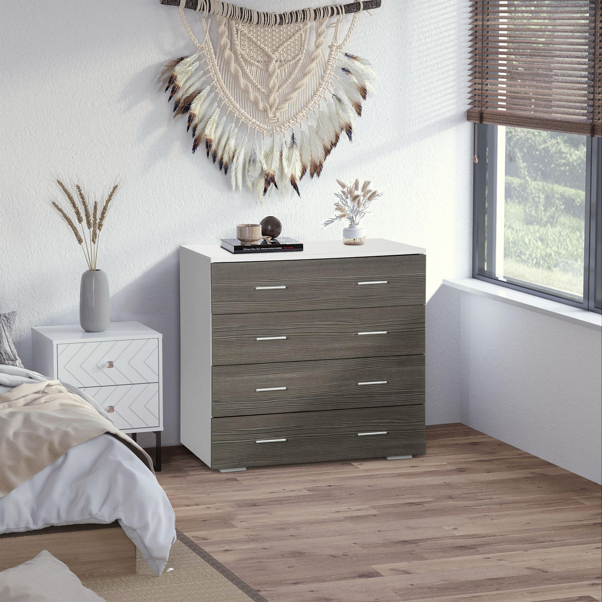 KOMMODE Weiß und Grau 76/35/72 cm - Grau, Holzwerkstoff (76/72/35cm) - PANGIVO