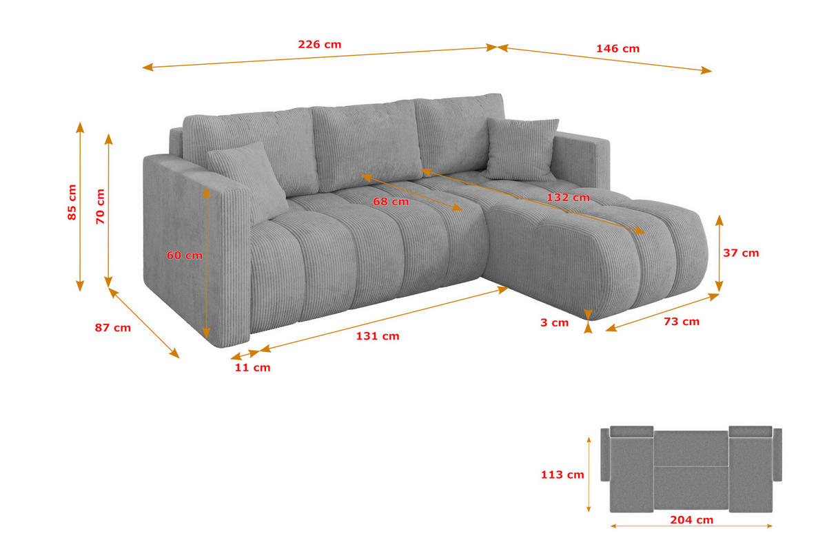 ROHOVÁ SEDAČKA s funkcí spaní, otoman vpravo GARD-L 226x146x85 šedá manšestr - šedá/černá, kompozitní dřevo/textil (226/146cm) - ALTDECOR