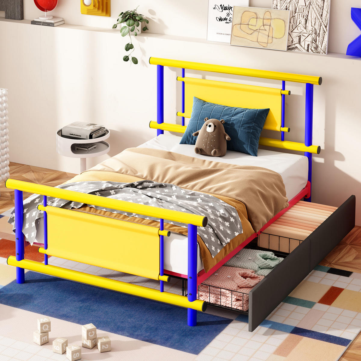 METALLBETT 90/200 cm Blau mit 2 Schubladen - Blau, Metall (90/200cm) - Oxeza