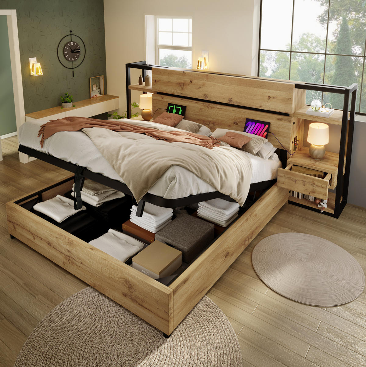 DOPPELBETT aus MDF und Metall 180x200 cm Eiche mit Stauraum, Schubladen sowie USB- und Type-C-Anschlüssen - Eichefarben, Holzwerkstoff (180/200cm) - IVMEU