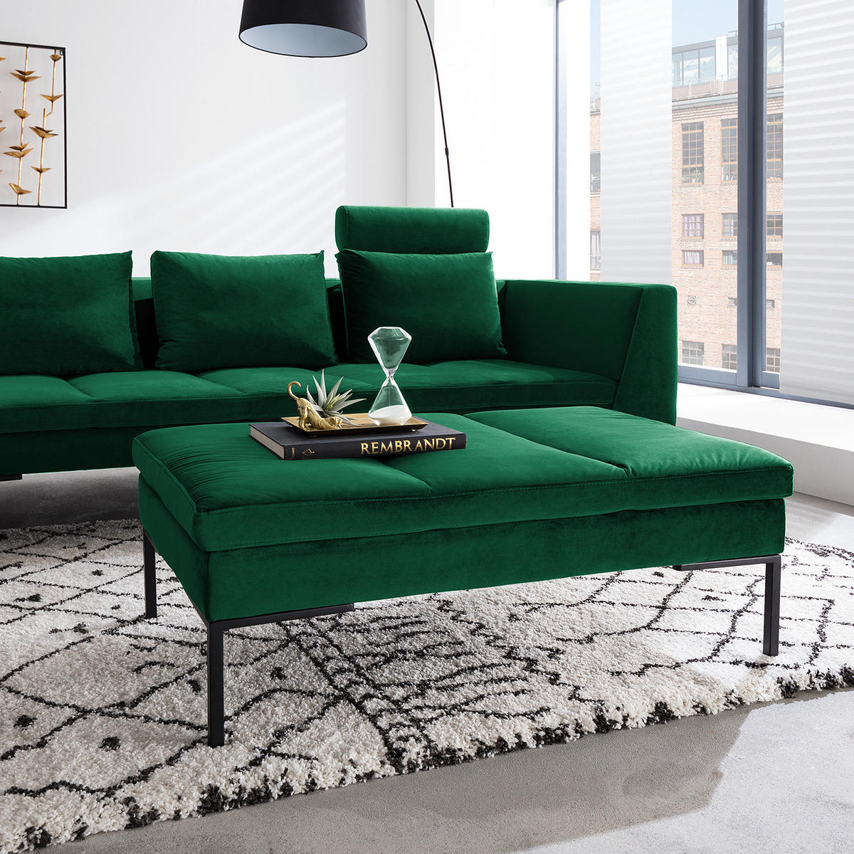 POLSTERHOCKER - Chromfarben/Dunkelgrün, Textil/Metall (108/40/69cm) - home24