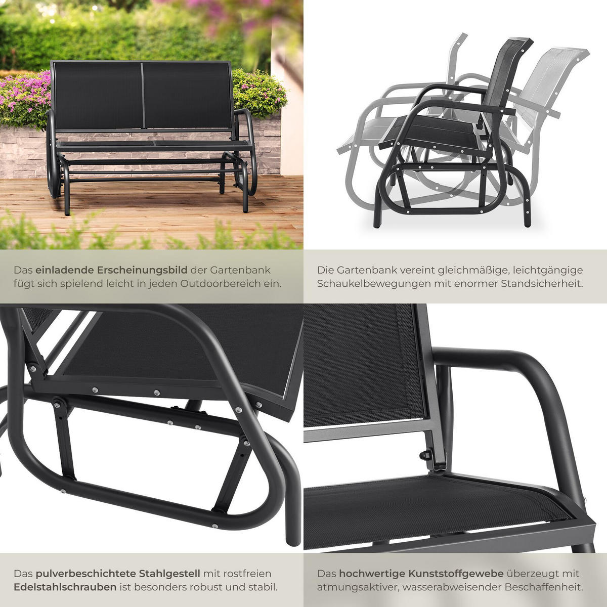 SCHAUKELBANK Greta, 121 x 72 x 86,5 cm, schwarz - Schwarz, Metall (72/86.5/121cm) - tectake