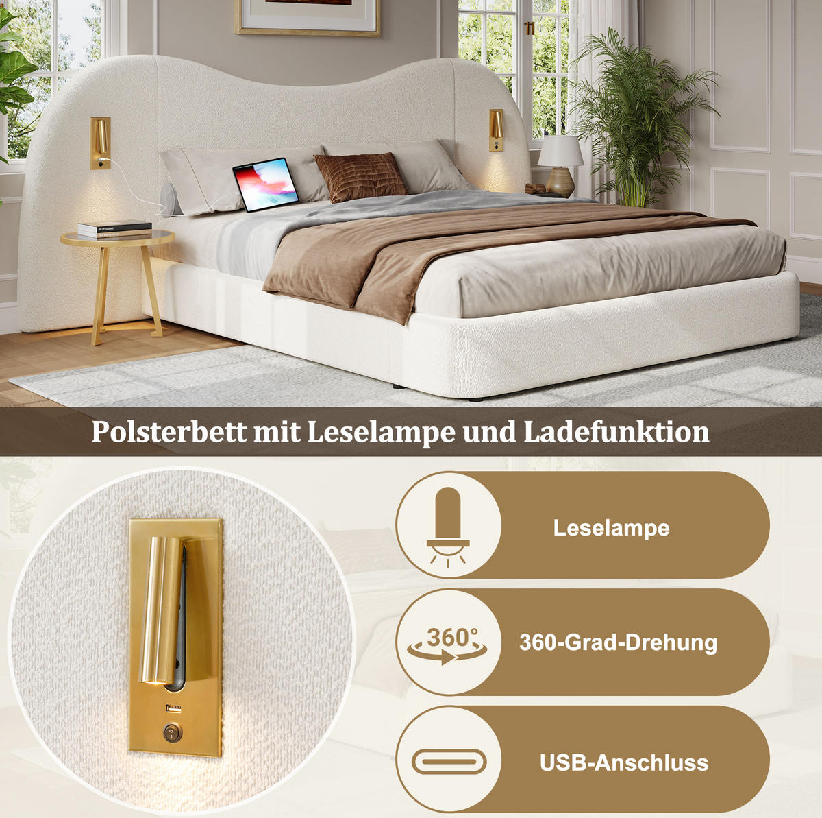 POLSTERBETT 180/200 cm mit Bettkasten, USB-Anschluss und Leselampen in Weiß - Weiß, Textil (180/200cm) - BEAOK