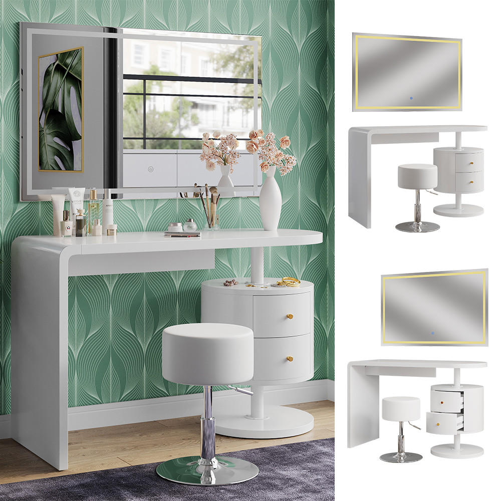 SCHMINKTISCH Lara Weiß 120 cm mit LED-Spiegel und Hocker - Weiß, Holzwerkstoff (120/76/50cm) - Vicco