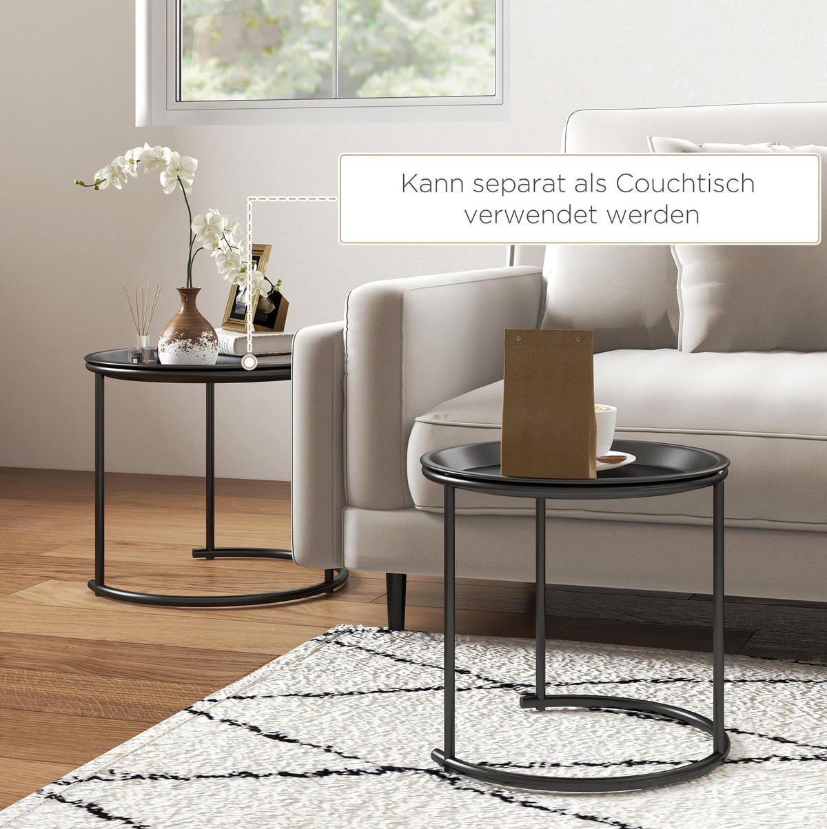 BEISTELLTISCH-SET 43/43/35 x 38/38/34 cm mit abnehmbaren Tabletts und stapelbarer Funktion, Schwarz - Schwarz, Metall (43/43/38cm) - Redom