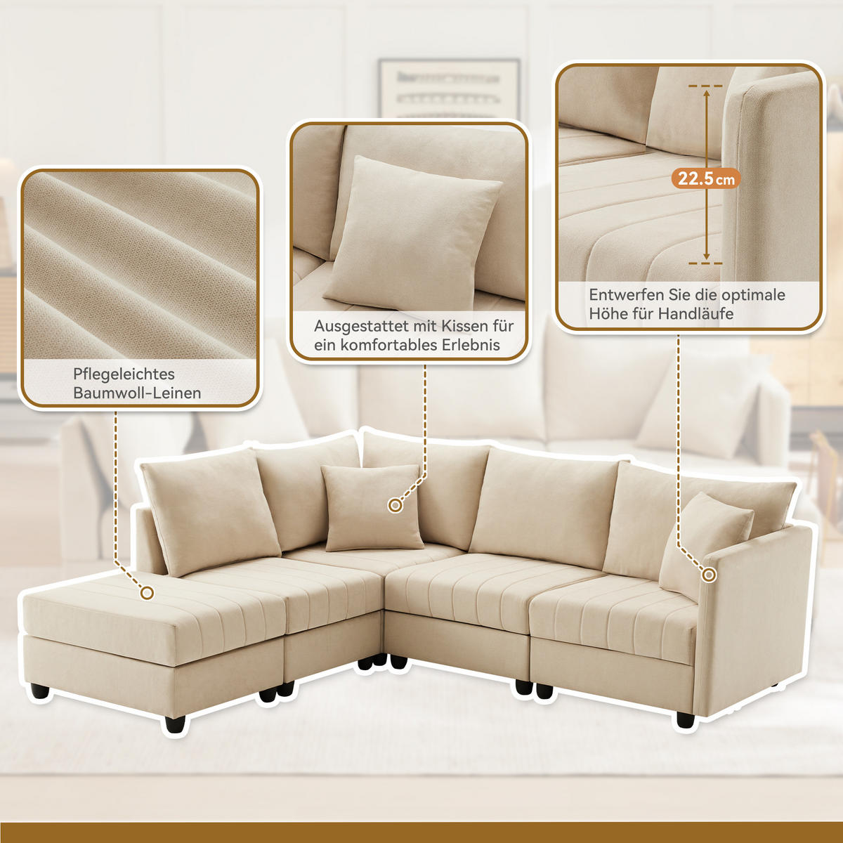 ECKSOFA 220/194/85 cm Beige mit umwandelbarem Fußhocker - Beige, Textil (220/194cm) - Oxeza