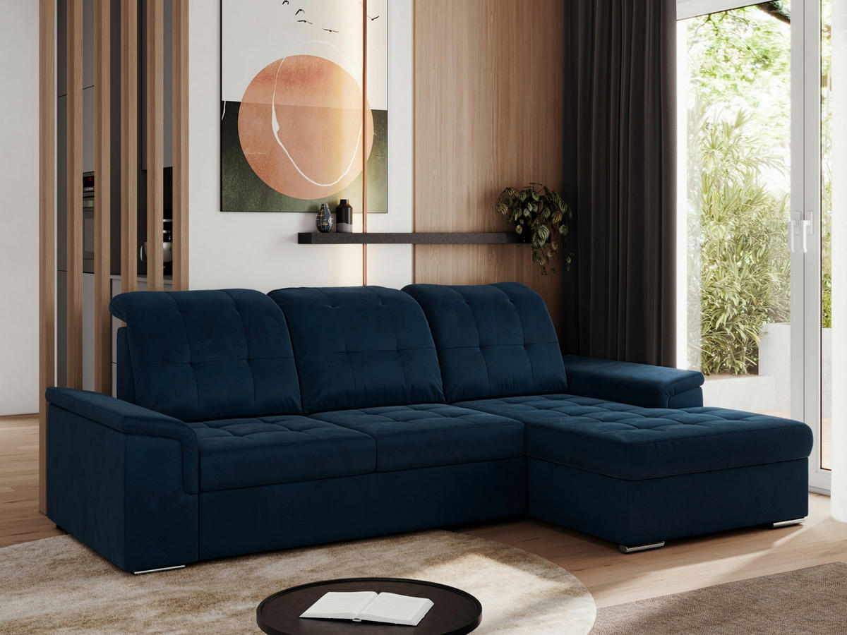 ECKSOFA MADRITO L - Dunkelblau Velorus - Rechts - Silberfarben/Dunkelblau, Textil/Metall (256/160cm)