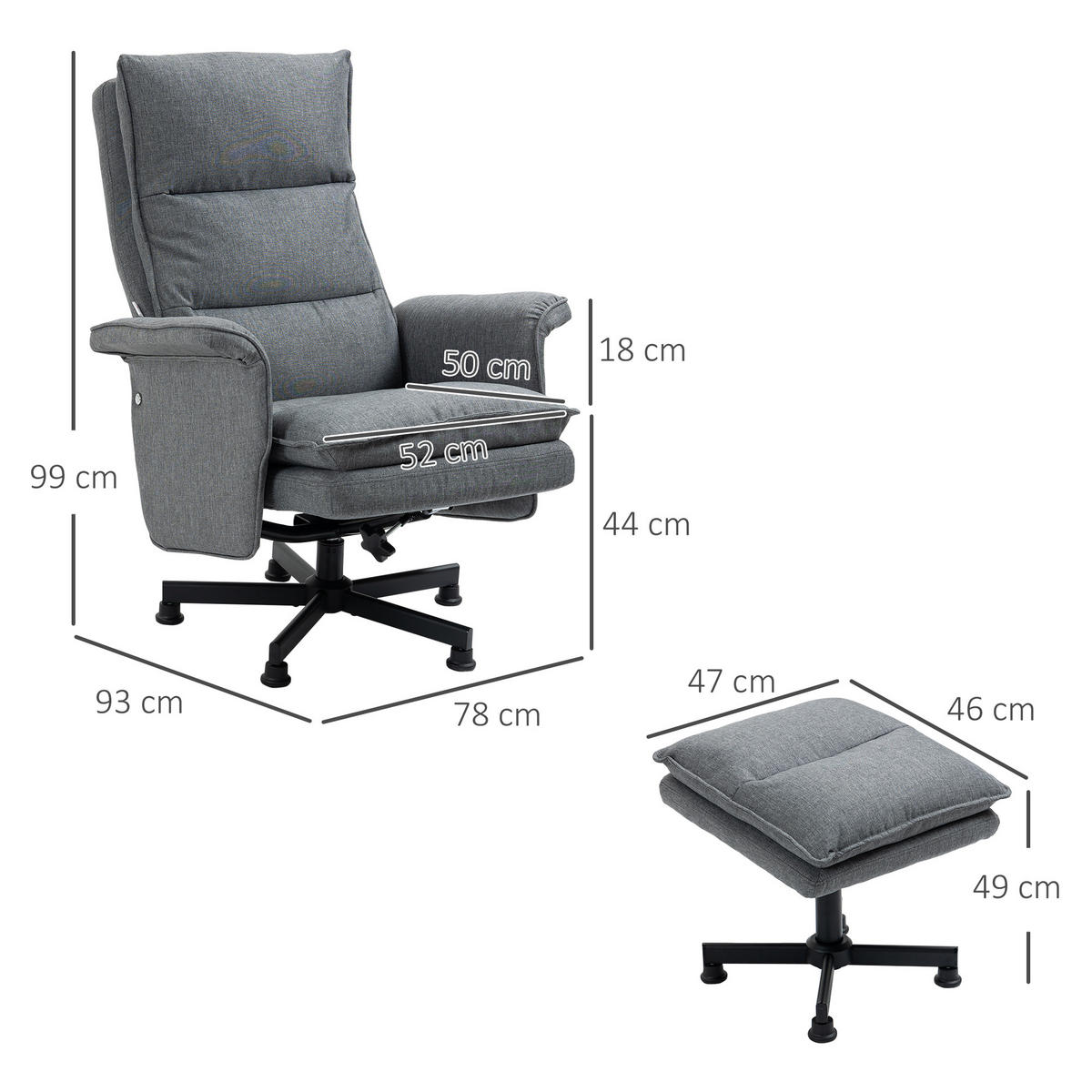 MASSAGESESSEL mit Fußhocker, Grau - Grau, Kunststoff (93/99/78cm) - HOMCOM