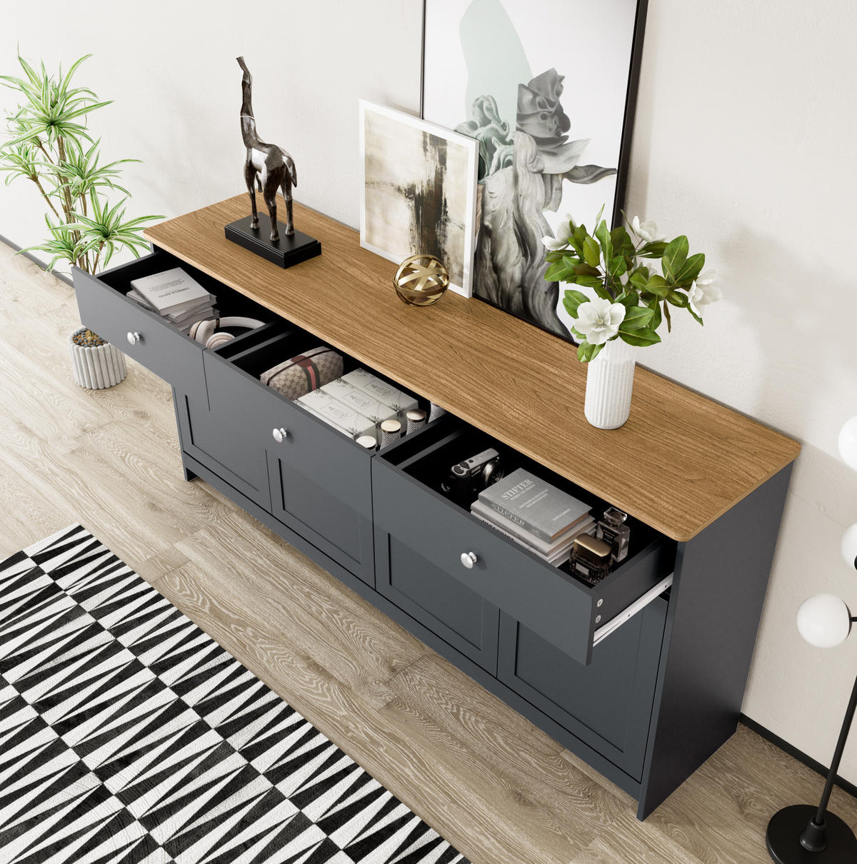 KOMODA 160 cm, MDF, černá a šedá s dekorem dřeva, rustikální - černá, kompozitní dřevo (160/75/37cm) - BEAOK