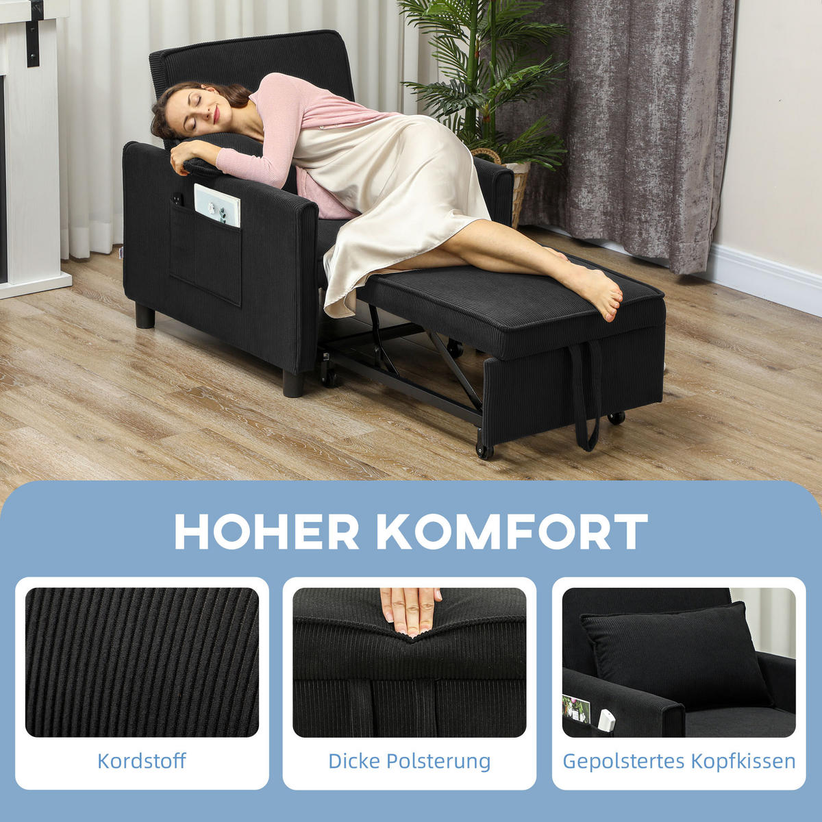 SCHLAFSESSEL, 3-in-1 , Schwarz - Schwarz, Kunststoff (84/81/74cm) - HOMCOM