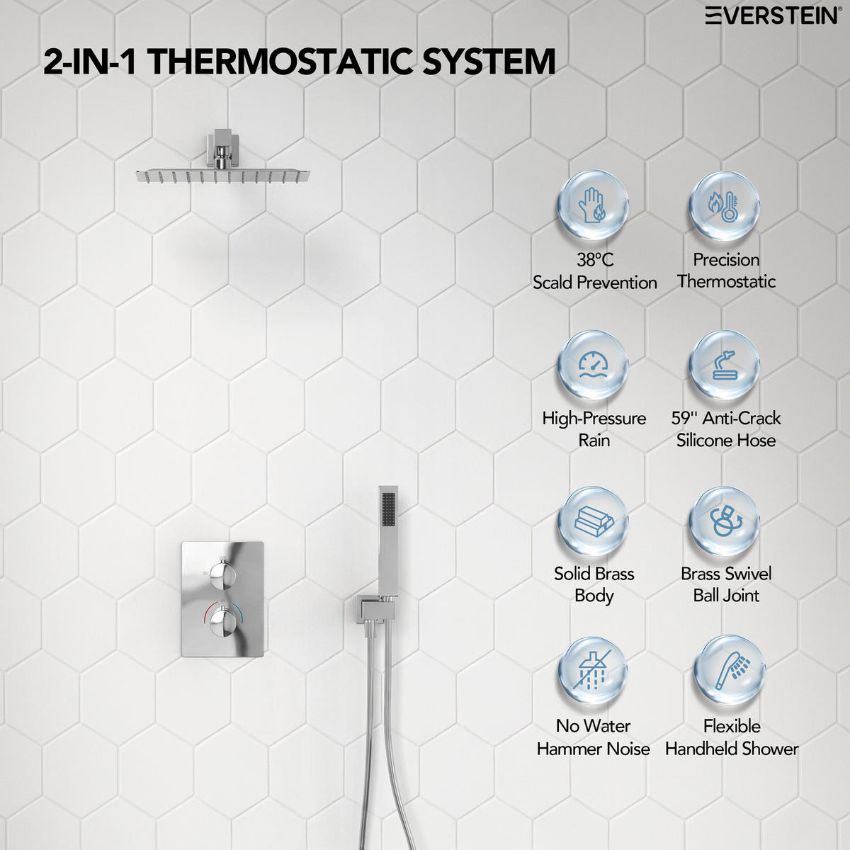 DUSCHARMATUR SFS-5010 Chrom, Unterputz, Thermostat, 300-mm-Kopfbrause, Handbrause, 400-mm-Duscharm, 1500-mm-Schlauch - Chromfarben, Metall (30/21/40cm) - Everstein