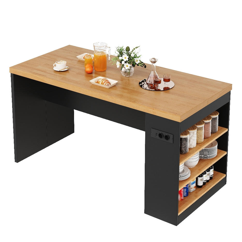 KÜCHENINSEL mit Steckdose, LED Beleuchtung, 40mm Arbeitsplatte, 3 Ablagen, MDF, 155/80/90 cm - Schwarz, Kunststoff (80/90/155cm) - Rolipo