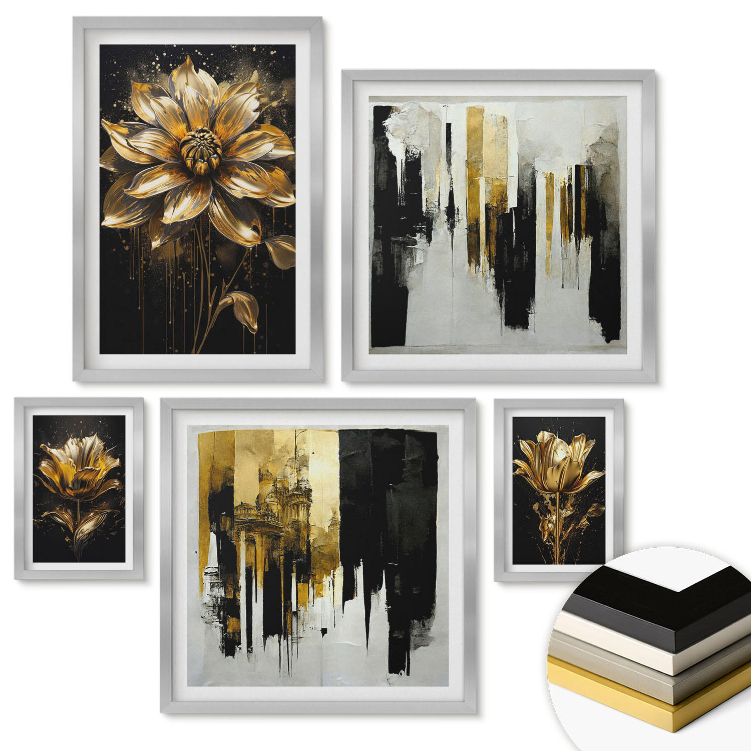 WANDBILDER 5er Set - 50x50 cm & 20x30 cm & 40x60 cm Silberner Rahmen - Blumenbrücke – Lebensinspiration - Silberfarben, Kunststoff (40/60cm) - ArtPrintCave