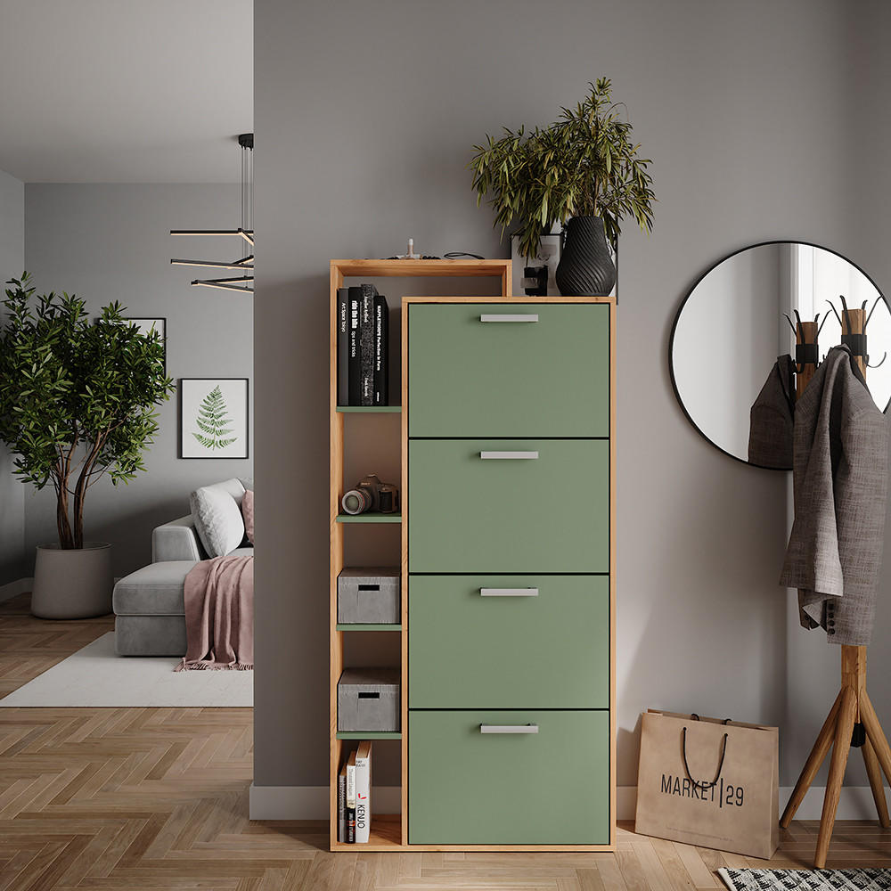 SCHUHKIPPER Orlando Goldkraft Eiche/Grün 80 x 166.1 cm mit 4 Fächern - Eichefarben/Grün, Holzwerkstoff (80/166.1/24.2cm) - Vicco