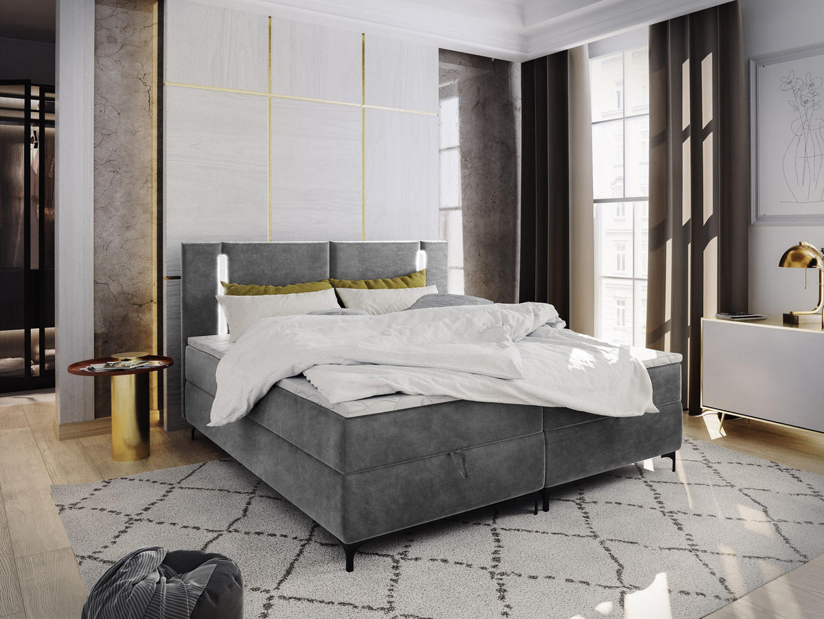 BOXBETT ALBA 140x200 cm mit Matratze und Topper - Hellgrau - Hellgrau, Holz (140/200cm) - MASSENO