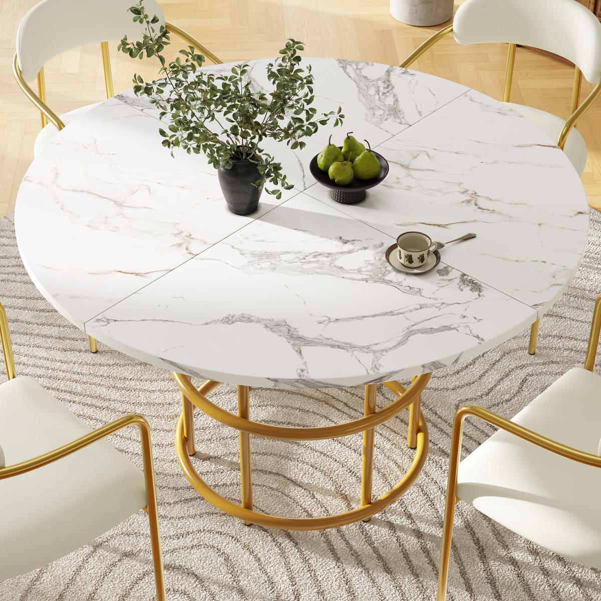 ESSTISCH Runder 100/100/76 cm gold mit Marmorplatte und Metallbeinen - Weiß, Holzwerkstoff (100/100/76cm) - OKWISH
