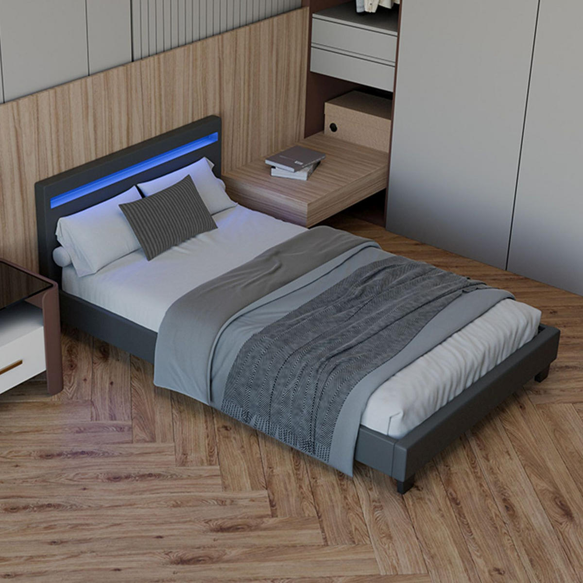 POLSTERBETT Paris mit LED dunkelgrau 90x200cm - Dunkelgrau, Holz (90/200cm) - Juskys