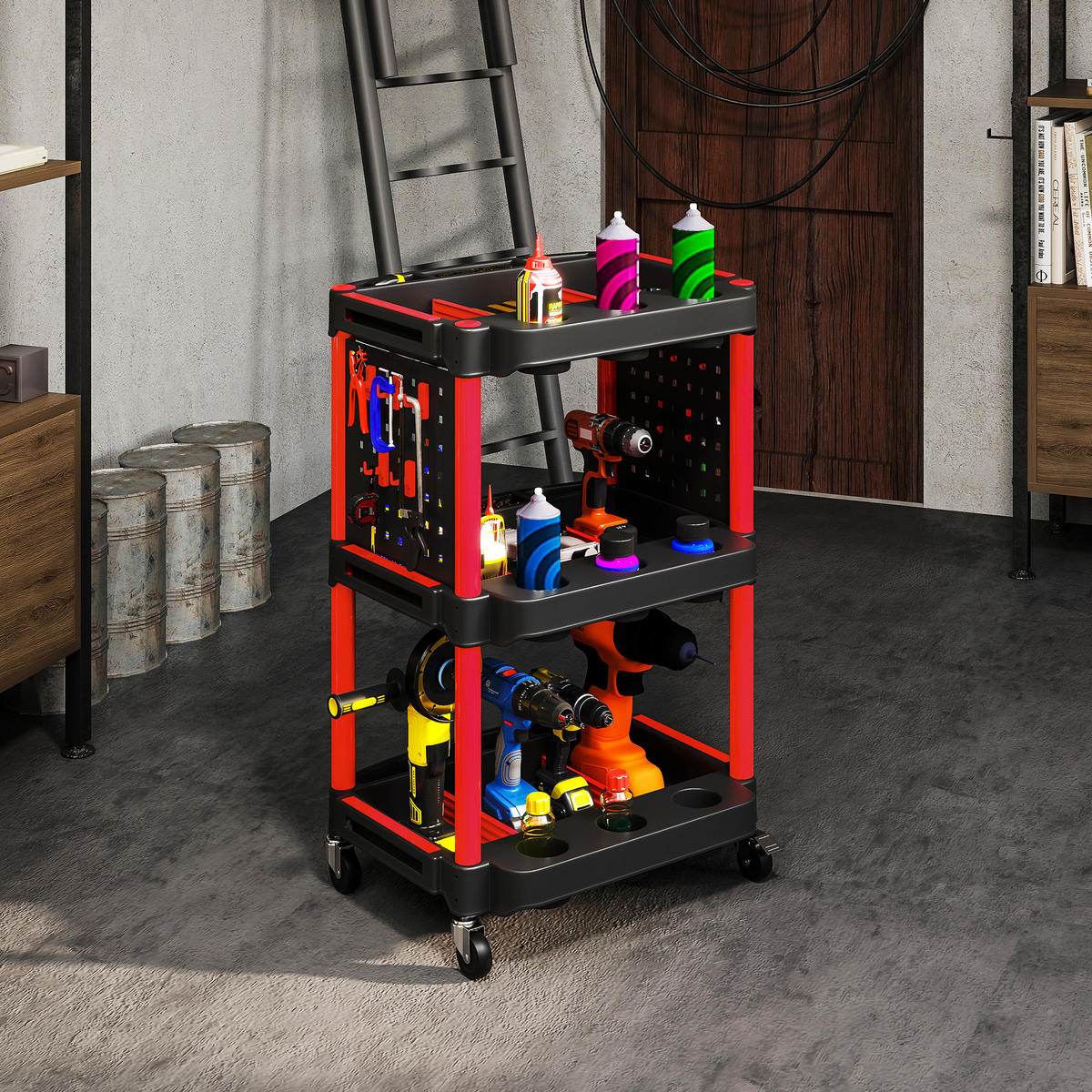 WERKSTATT-ROLLWAGEN mit 3 Etagen, Seitenlochregalen, Werkzeugwagen mit Haken - Schwarz, Kunststoff (47.5/89/56.5cm) - HOMCOM