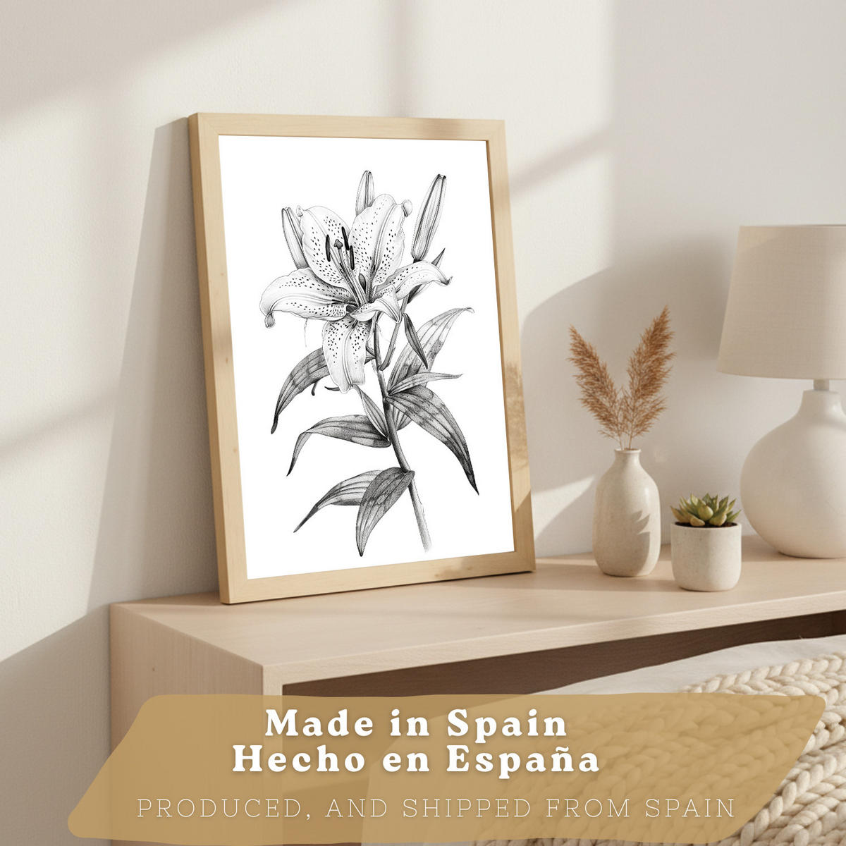 PLAKAT Sada 3 obrázků květin. Dekorativní nástěnné tisky Květiny tužkou. botanický plakát na zeď.Rám z lehkého dřeva velikosti A3 - béžová, papír (29.7/42/3cm)