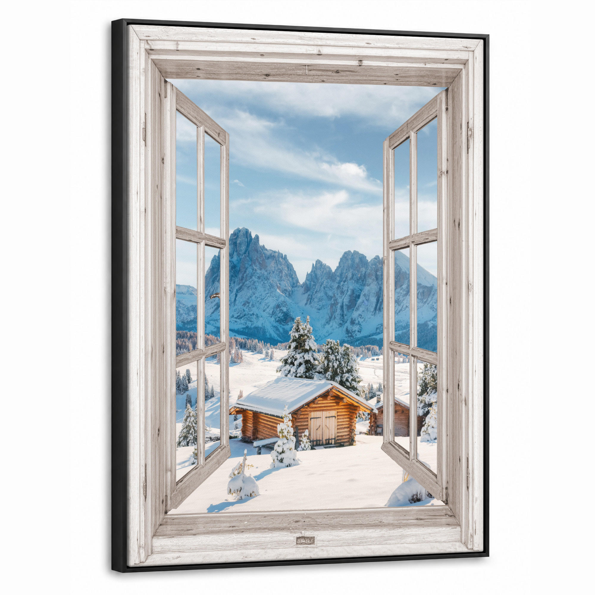 LEINWAND Bilder mit Rahmen - Winterlandschaft - Hütte - Berge - Ausblicke - Aussicht - Natur - 70x100 - Weiß Hochglanz, Textil (70/100cm) - MuchoWow