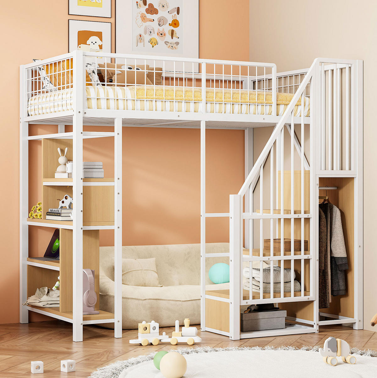 HOCHBETT 90/200 cm in Weiß mit Stauraumtreppe und vielseitigem Unterbettbereich - Weiß, Metall (90/200cm) - Flora Grace