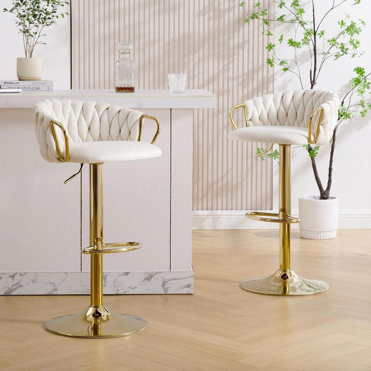 BARHOCKER 2er-Set höhenverstellbar drehbar Samt Weiß Cream - Weiß, Textil (42/100/39cm)