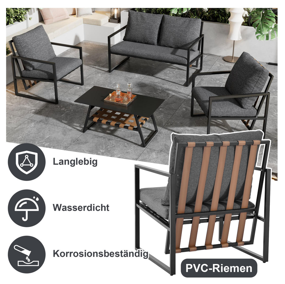 GARTENLOUNGE 114/57/80 cm schwarz aus PVC mit Couchtisch und Kissen - Schwarz, Kunststoff - OKWISH