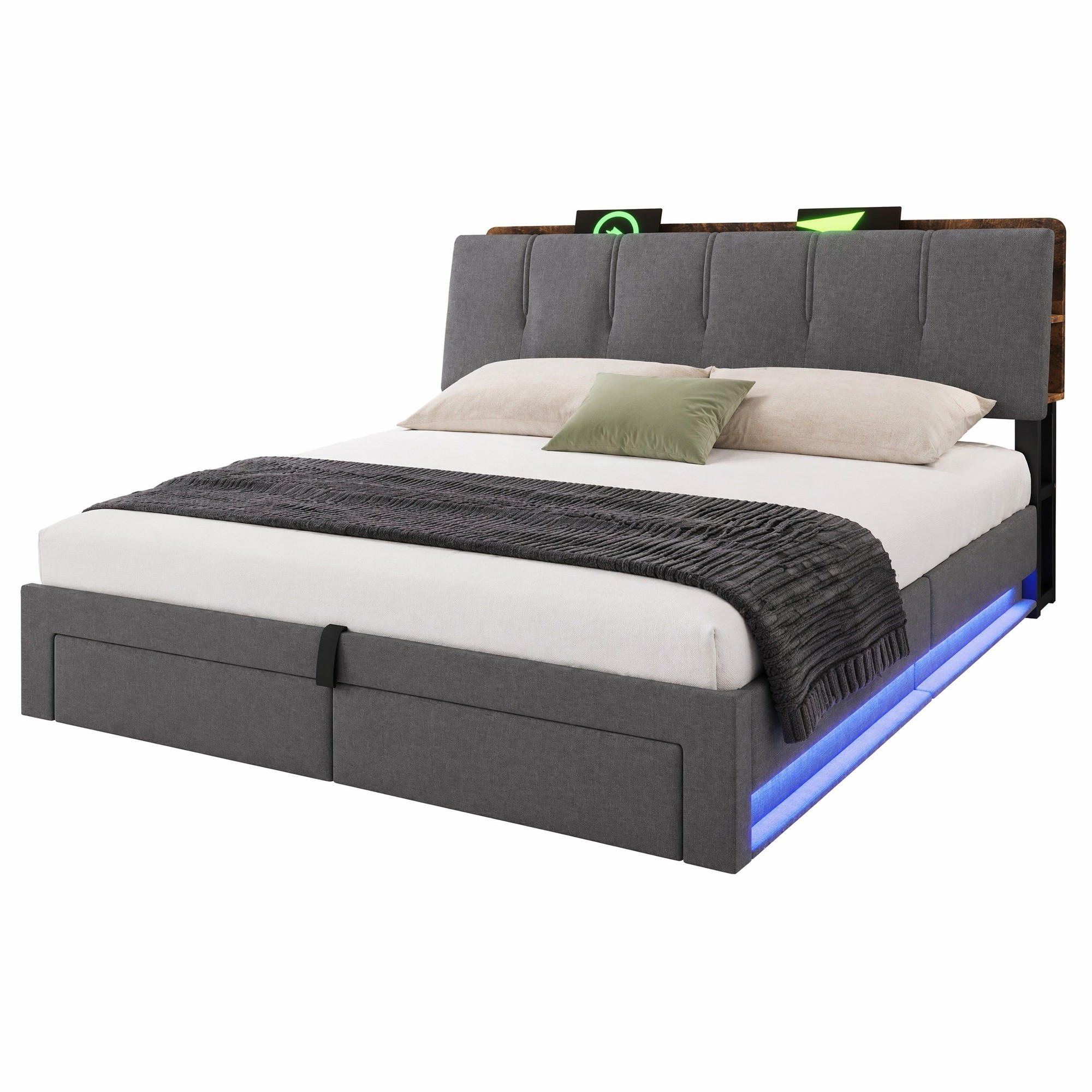 POLSTERBETT 180/200 cm in Grau mit Bettkasten, USB, LED und Schubladen aus Leinen - Grau, Holzwerkstoff/Textil (180/200cm) - CHICFURN