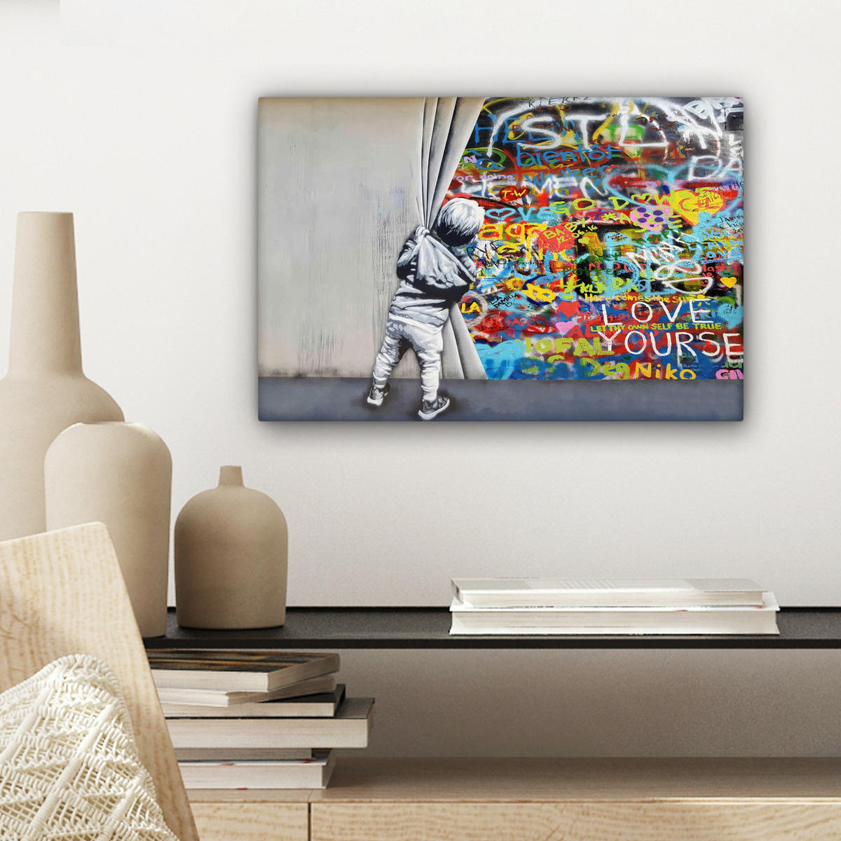 LEINWANDBILD Graffiti - Junge - Ilussie - Straßenkunst 30x20 cm - Hellgrau, Textil (30/20cm) - MuchoWow
