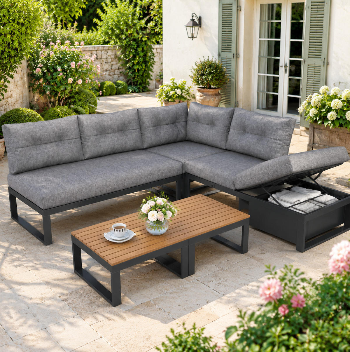 LOUNGEGARNITUR 191,5/79/191,5 cm Grau aus Polyester mit Stauraum und verstellbarer Rückenlehne - Grau, Textil - OKMYHOME