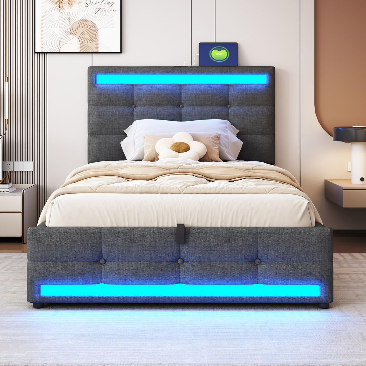 POLSTERBETT 90/200 cm Grau mit LED-Beleuchtung und USB-Anschlüssen - Grau, Textil (90/200cm) - OKWISH