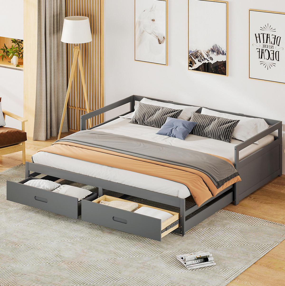 SCHLAFSOFA 90/200 cm aus Kiefern mit Ausziehfunktion und 2 Schubladen, Grau - Grau, Holzwerkstoff (204.5/60/184cm) - Redom